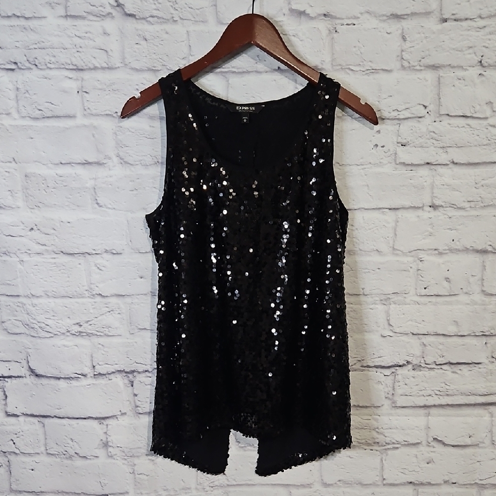Express Shimmering Black Split Back Sequin Tank T… - image 1